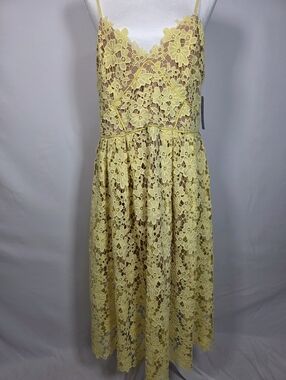 Donna Morgan Dress 16 Yellow Lace Midi Spaghetti Strap NWT Floral